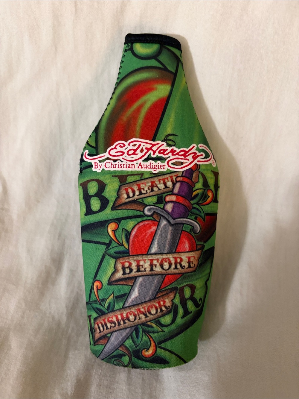 Ed Hardy Green Multicolor Tattoo-Style Neoprene Bottle Cooler